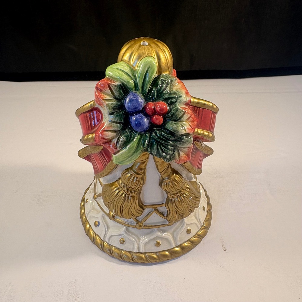 Fitz and Floyd Classics Christmas Bell Salt Shaker Holly Berries Gold Tassels